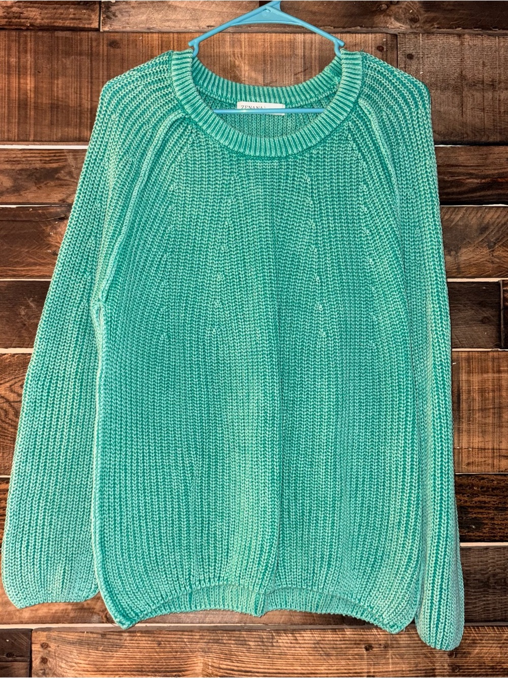 Zenana Kelly Green Stone Washed Round Neck Sweater